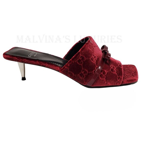 GUCCI SHOES GG LOGO BURGUNDY VELVET w BOW DETAIL SLIDES sz 38 8 US - Picture 5 of 15